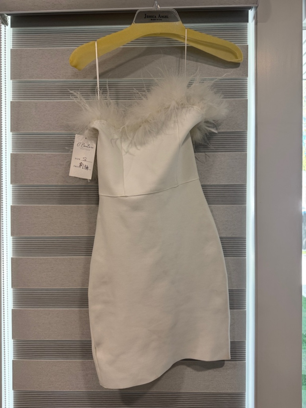 Feather Trim Mini Dress in Ivory